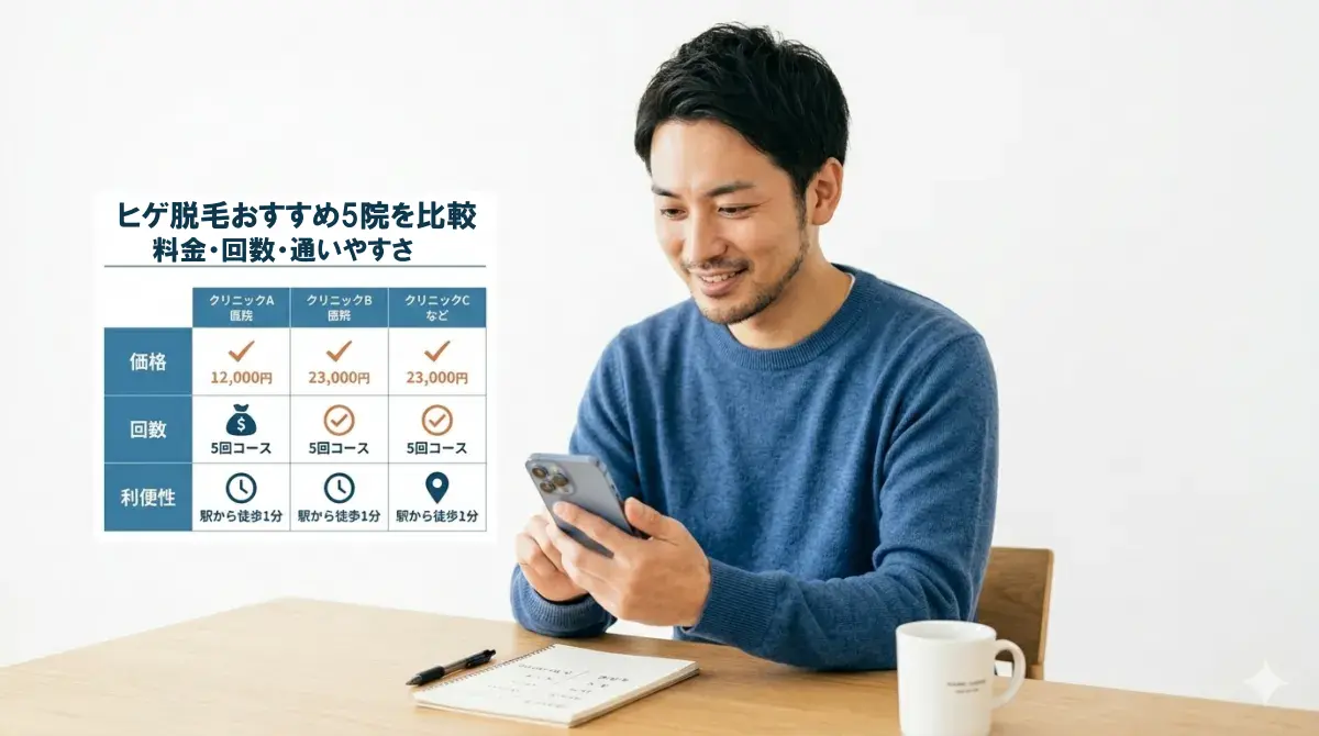 ヒゲ脱毛クリニックの料金や回数を比較表で確認している日本人男性