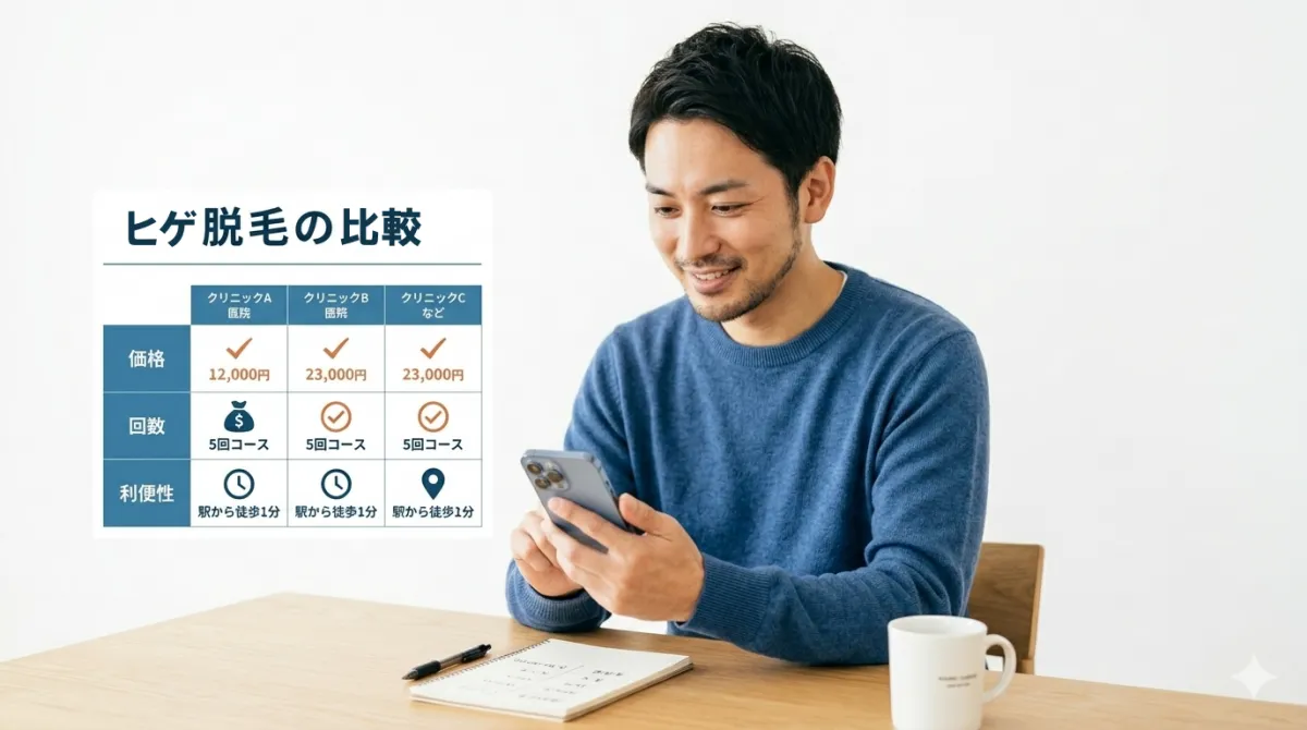 ヒゲ脱毛クリニックの料金や回数を比較表で確認している日本人男性