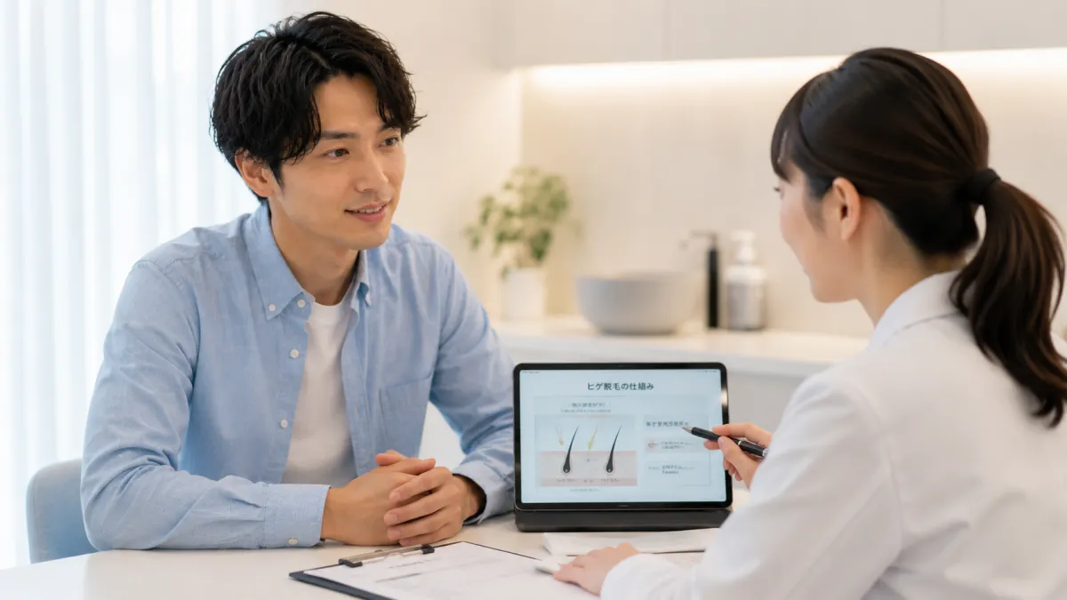 ヒゲ脱毛の痛みについて相談する男性
