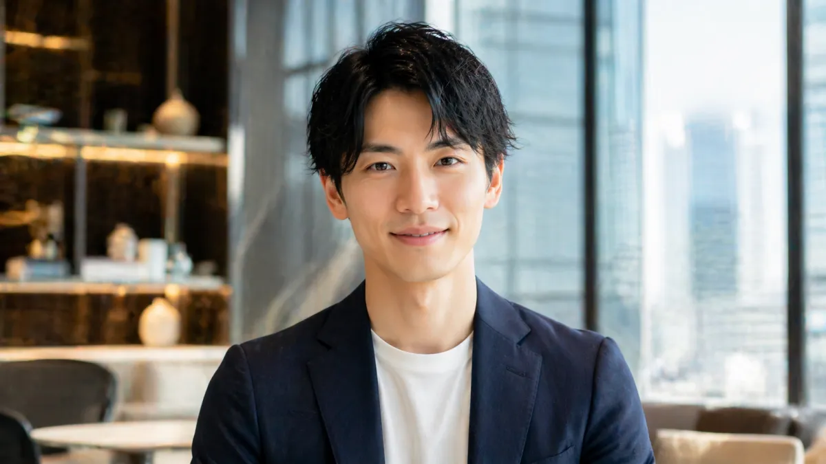 清潔感のある20代~30代日本人男性が都会的で高級感のある背景の前で正面を向き、自信のある爽やかな表情を見せるビジネスカジュアル姿の人物写真