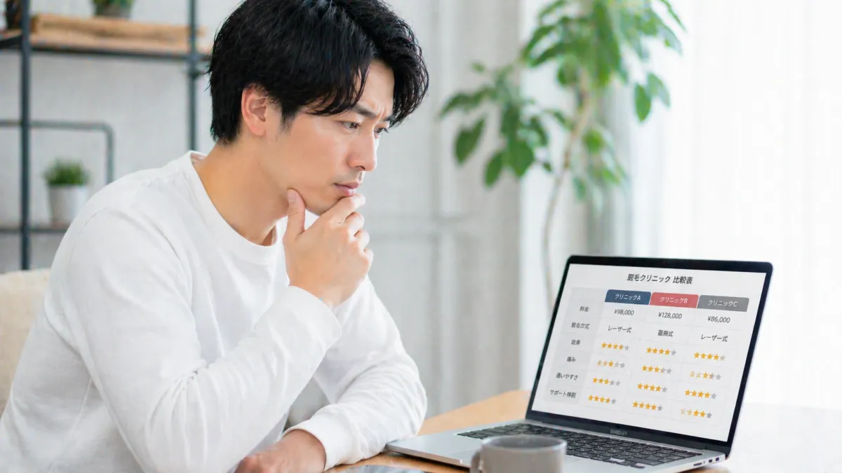 20代～30代日本人男性がノートPC画面を見ながら複数の選択肢を比較し、真剣な表情で悩みながら検討している室内の写真