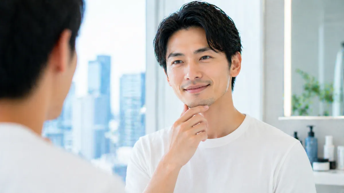20代～30代日本人男性が明るく清潔感のある洗面所でヒゲを整え、自信ある笑顔を見せる爽やかで好印象な写真