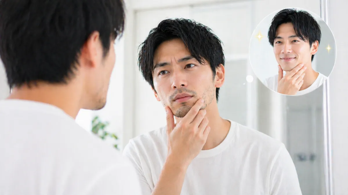20代～30代日本人男性が洗面所の鏡の前でヒゲを触りながら悩んだ表情を見せ、清潔感のある理想の自分を思い描くビフォーアフターをイメージした写真