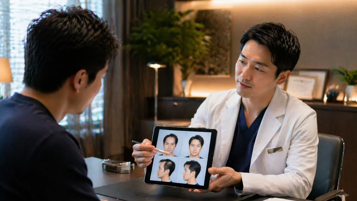 高級感のある美容クリニックでタブレットを使い仕上がりを確認するカウンセリング風景