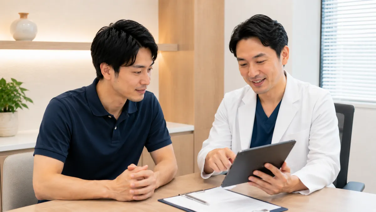 メンズリゼで医師とヒゲ脱毛プランを相談する男性