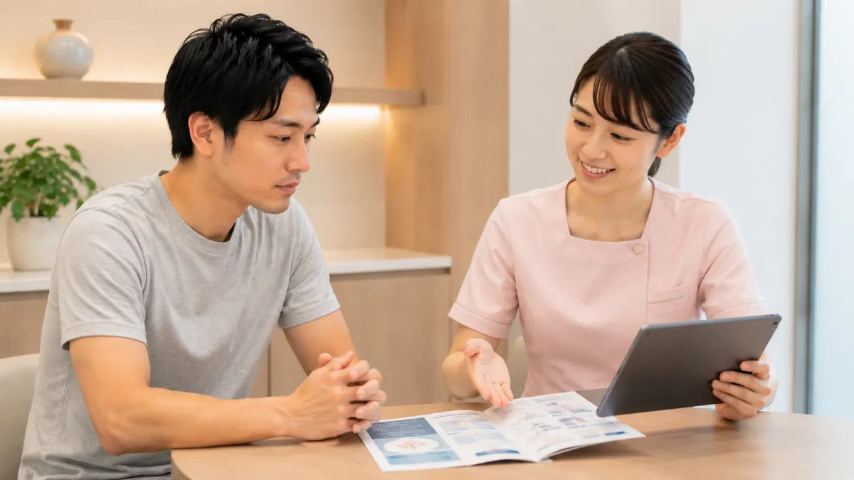 メンズリゼでヒゲ脱毛の料金説明を受ける男性