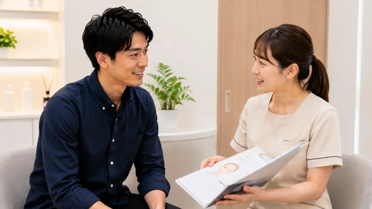 レジーナクリニックオムでヒゲ脱毛について相談する男性