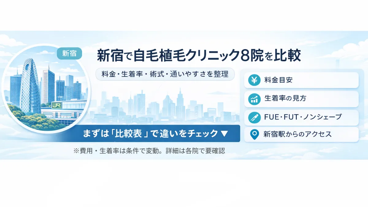 新宿エリアの高層ビルとJR新宿駅をモチーフにしたイラスト。自毛植毛クリニック比較記事のファーストビュー画像。