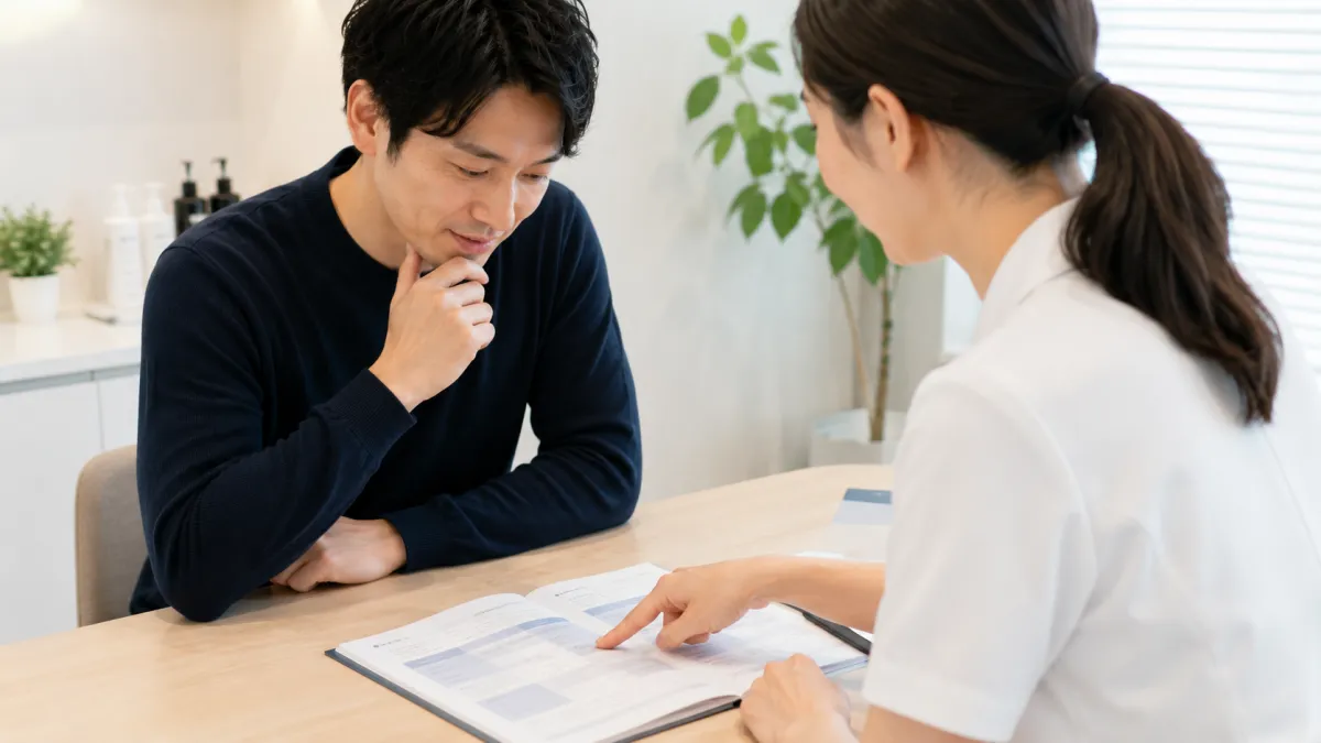 湘南美容クリニックでヒゲ脱毛料金の説明を受ける男性