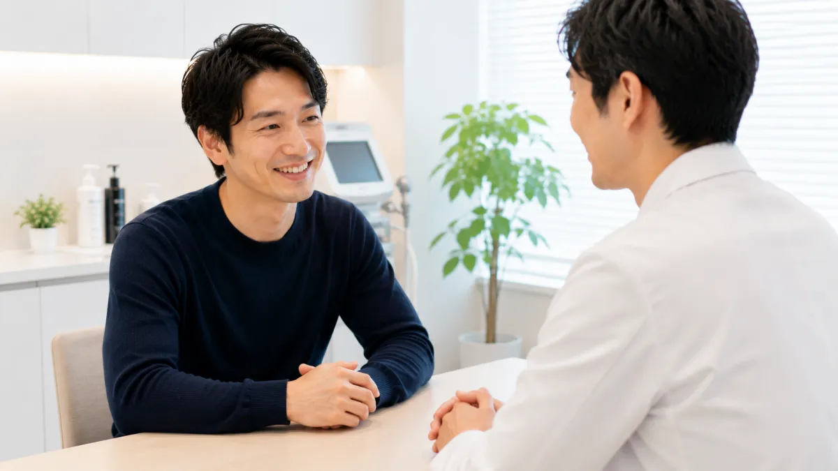 湘南美容クリニックでヒゲ脱毛の相談を終え納得している男性
