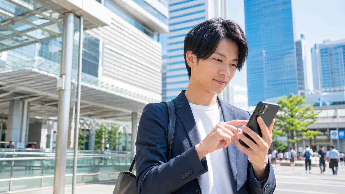 横浜駅周辺の都会的な背景で、清潔感のある日本人男性がスマートフォンを見ながら複数のヒゲ脱毛クリニックを比較検討している様子
