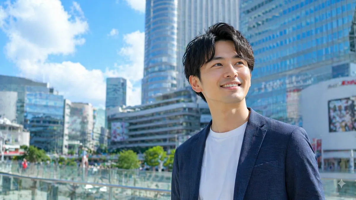 横浜駅前の都会的な街並みを背景に、清潔感のある日本人男性が爽やかな表情で立つヒゲ脱毛おすすめクリニック比較イメージ