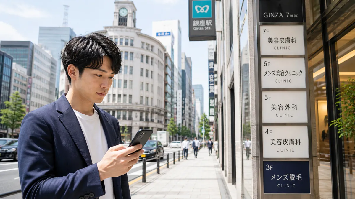 銀座駅周辺でヒゲ脱毛クリニックをスマートフォンで探している男性のイメージ