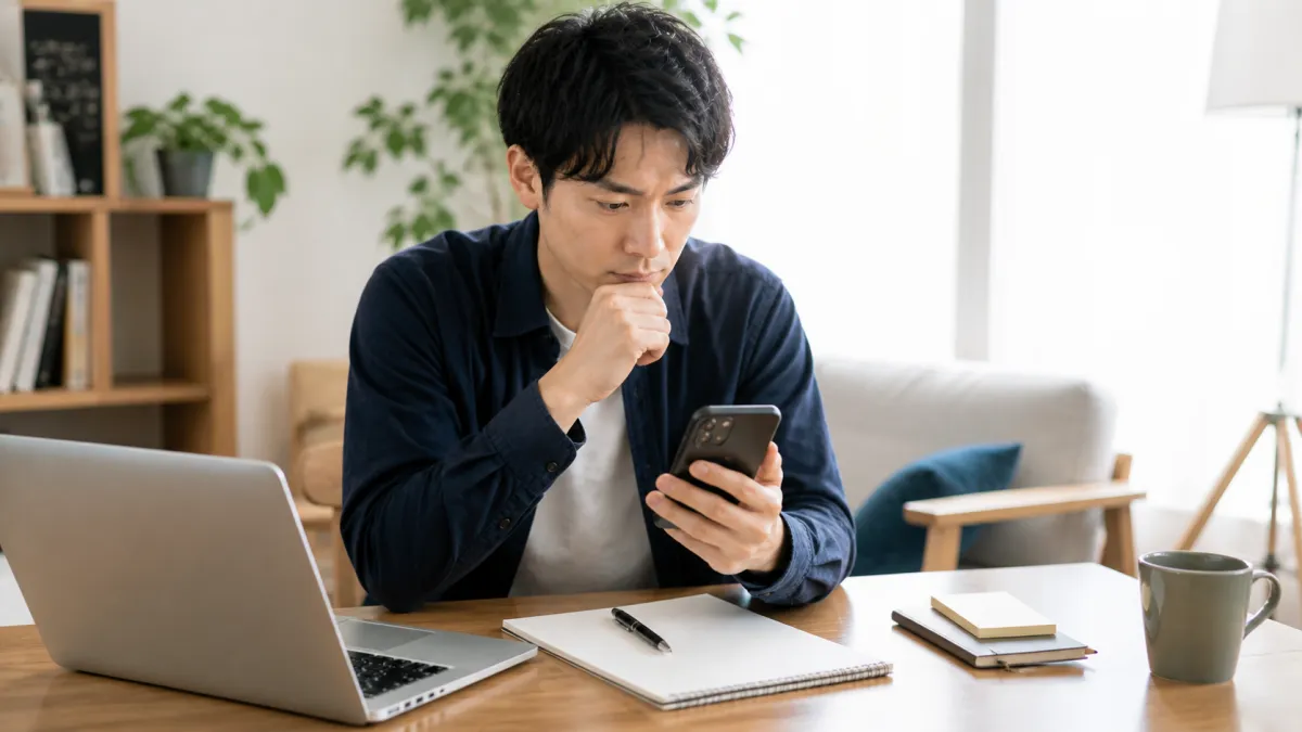 ヒゲ脱毛クリニックの料金やプランをスマートフォンで比較検討している男性のイメージ