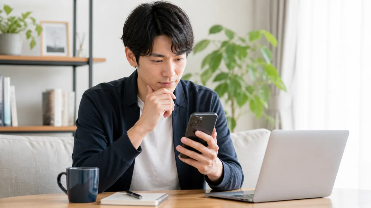 ヒゲ脱毛クリニックをスマートフォンで比較しながら検討している20代~30代男性のイメージ