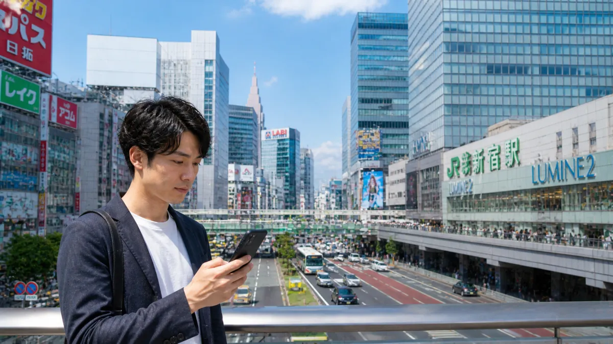 新宿駅周辺の昼間の街並みでヒゲ脱毛クリニックをスマートフォンで探している男性のイメージ