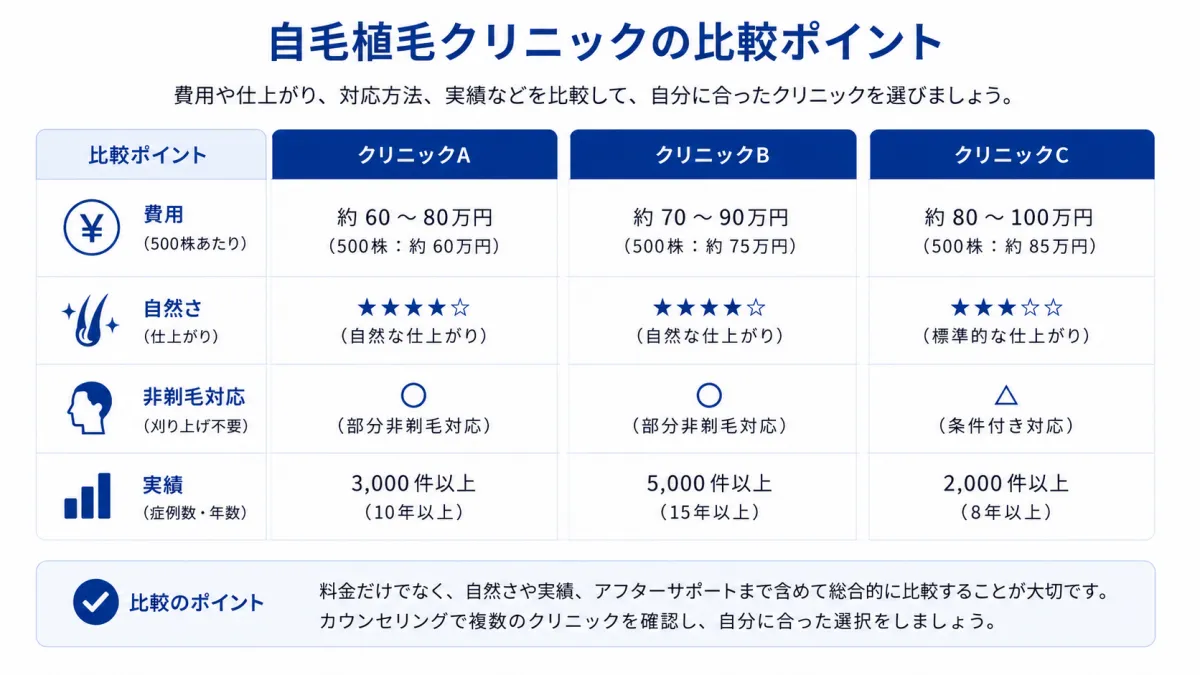 植毛クリニックを費用や密度で比較する図解