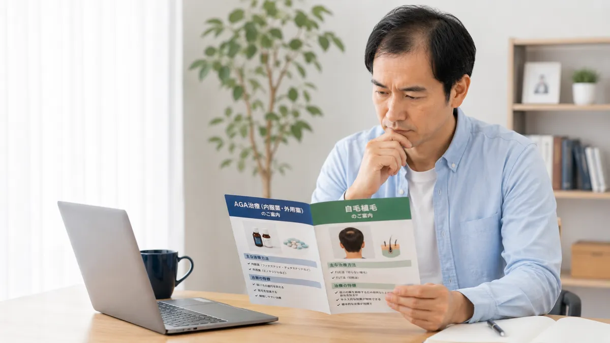 AGA治療と自毛植毛を比較検討する男性