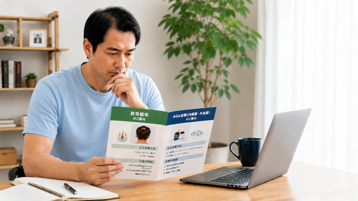 AGA治療と自毛植毛を比較検討する男性