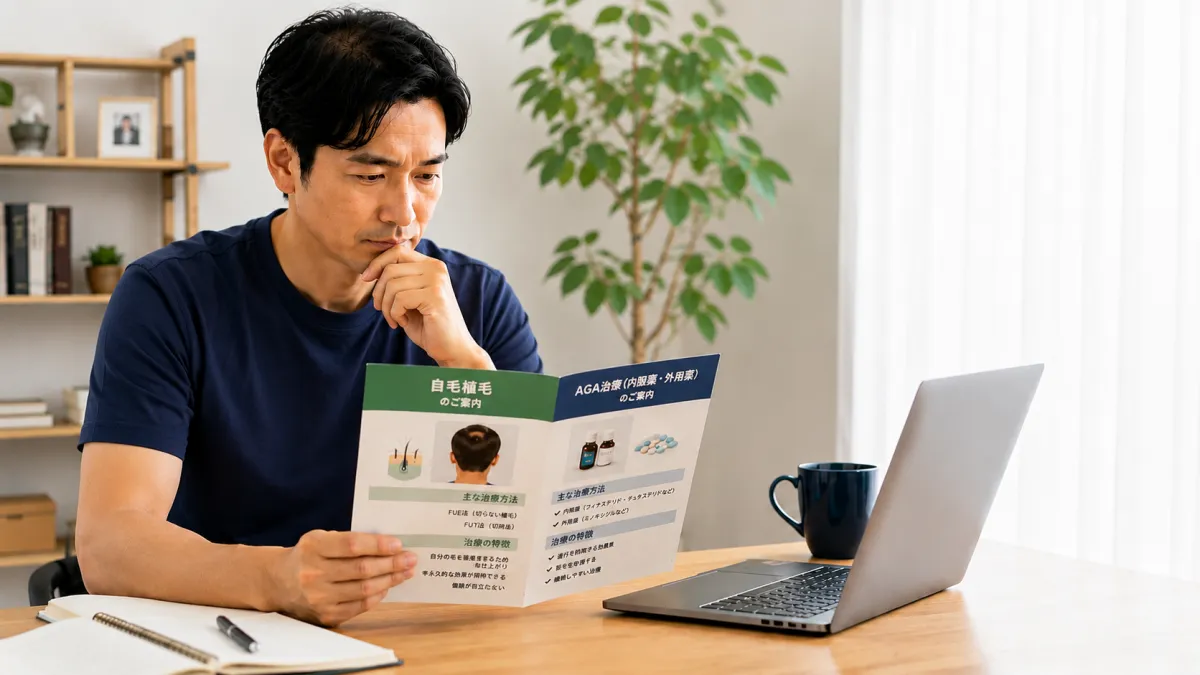 AGA治療と自毛植毛を比較検討する男性
