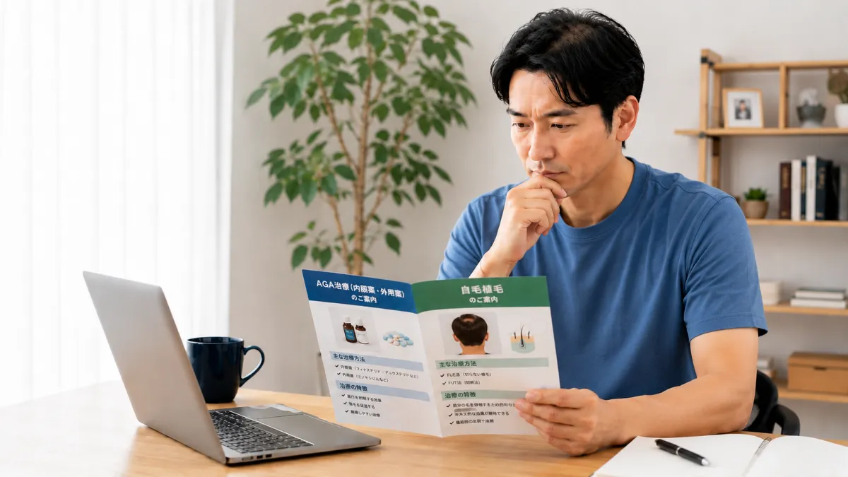 AGA治療と自毛植毛を比較検討する男性