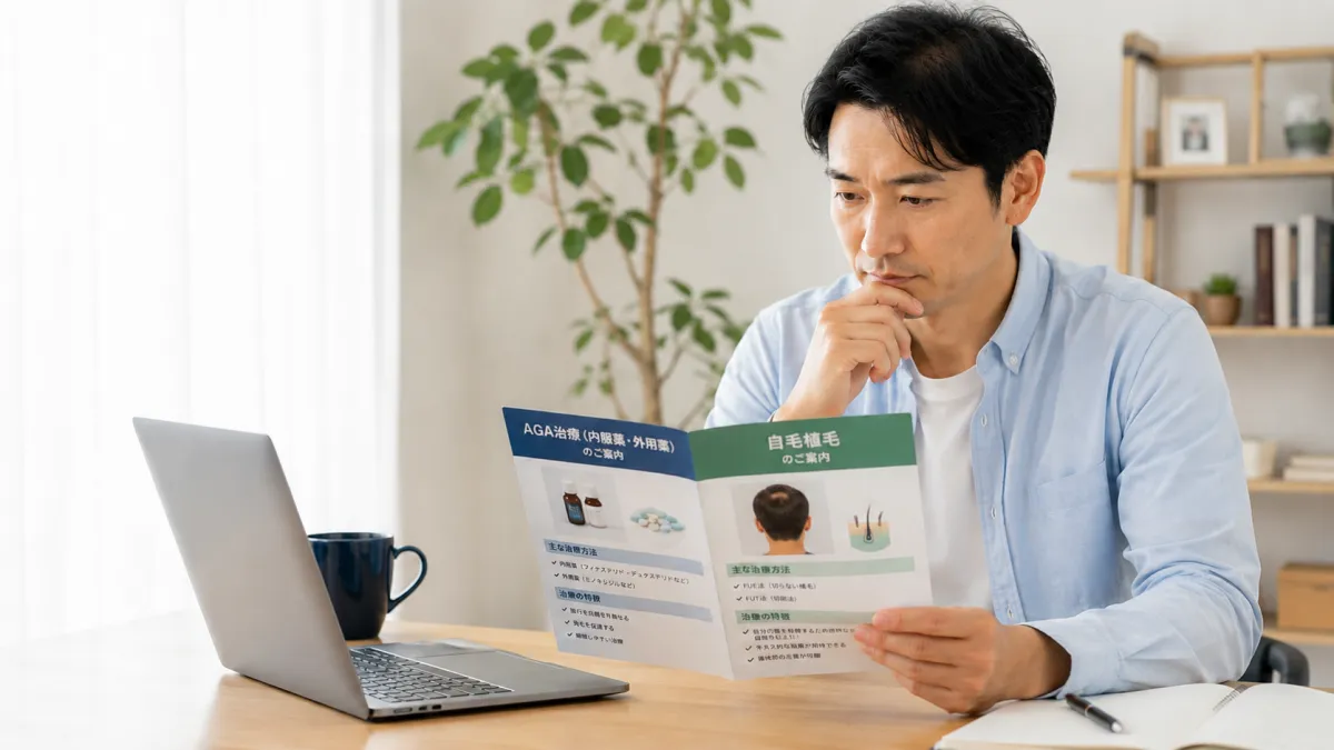 AGA治療と自毛植毛を比較検討する男性
