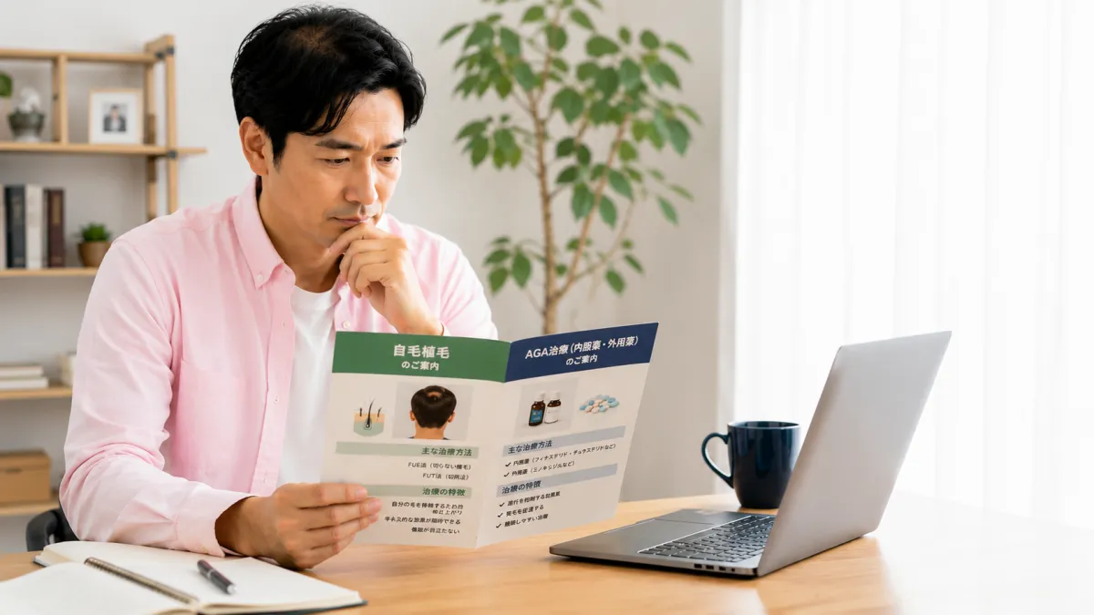 AGA治療と自毛植毛を比較検討する男性