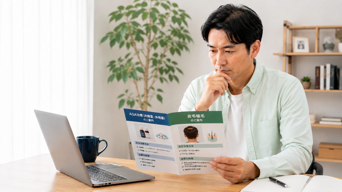 AGA治療と自毛植毛を比較検討する男性