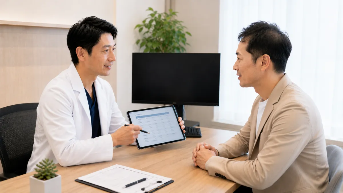 Dr.AGAクリニックで治療プランの説明を受ける男性患者