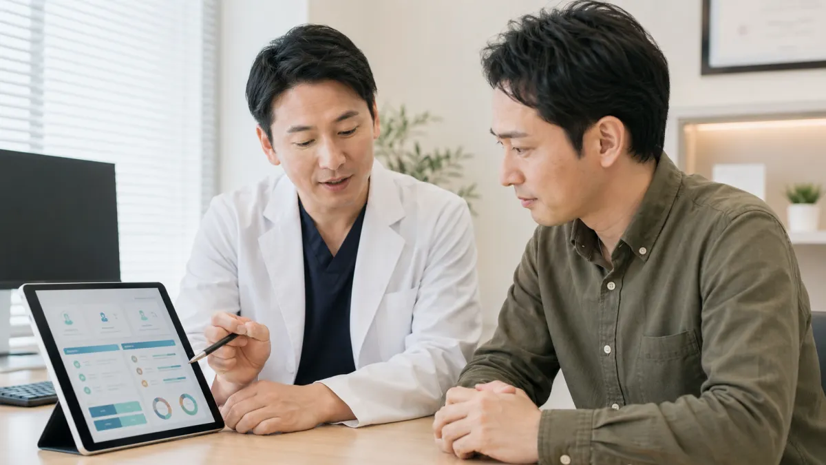AGA治療薬や費用について医師に相談する男性