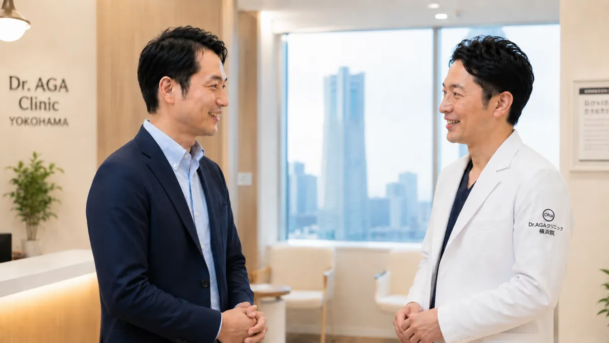 Dr.AGAクリニック横浜院でAGA治療の相談を終えた男性
