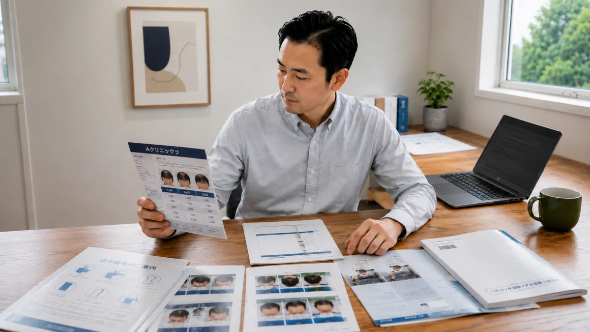 植毛クリニックの術後サポートを比較している男性