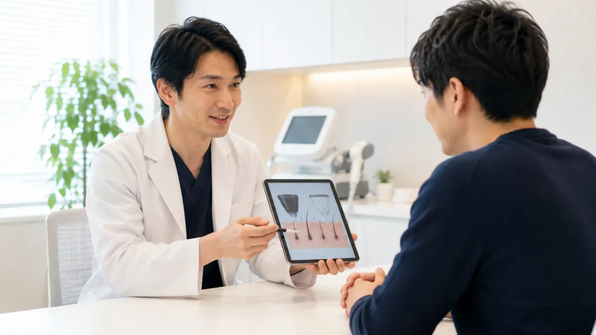ヒゲ脱毛の都度払いについて説明を受ける男性