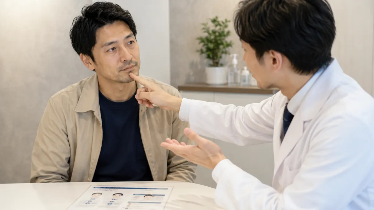 ヒゲ脱毛の痛みや麻酔について医療スタッフに相談する男性