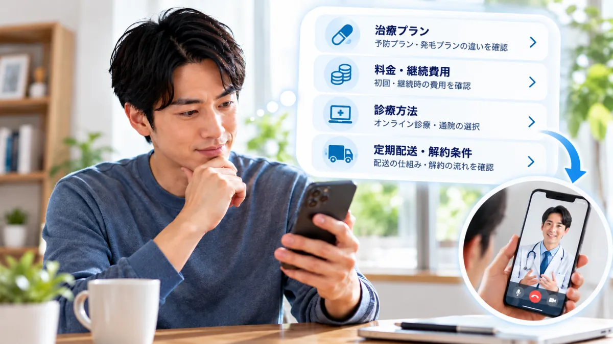 オンラインAGA診療の内容を確認しながら治療を検討する男性