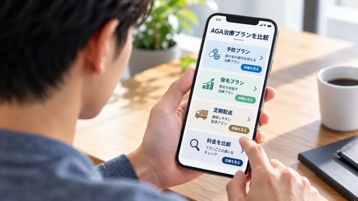 AGA治療の料金やプランをスマートフォンで比較する男性